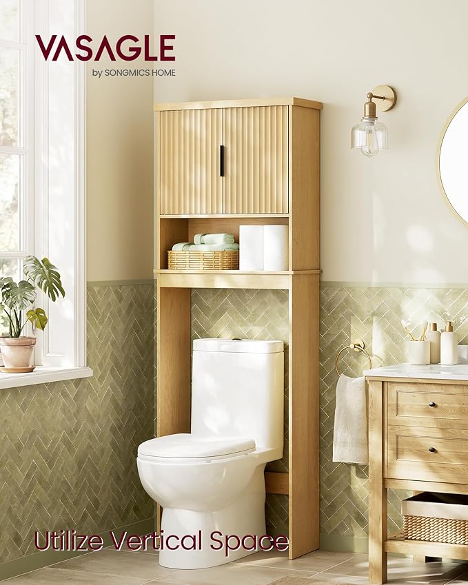 VASAGLE MAXE Collection - Over The Toilet Storage Cabinet, 23.6-Inch Wide Mid Century Modern Bathroom Organizer with Fluted Doors, Adjustable Shelf, Space-Saving, Oak Beige UBTS028YC01S