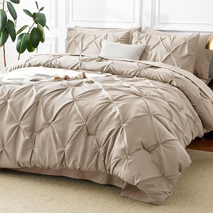 CozyLux Queen Comforter Set Wheat, 7 Pieces Pintuck Bed in A Bag, Premium Wheat Comforter Queen Size, Pinch Pleat Bedding Sets with Comforter, Sheets, Pillowcases & Shams