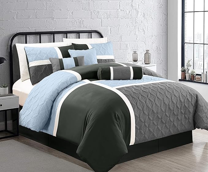 Chezmoi Collection Upland 7-Piece Quilted Patchwork Comforter Set, Gray/Light Blue/Charcoal, King