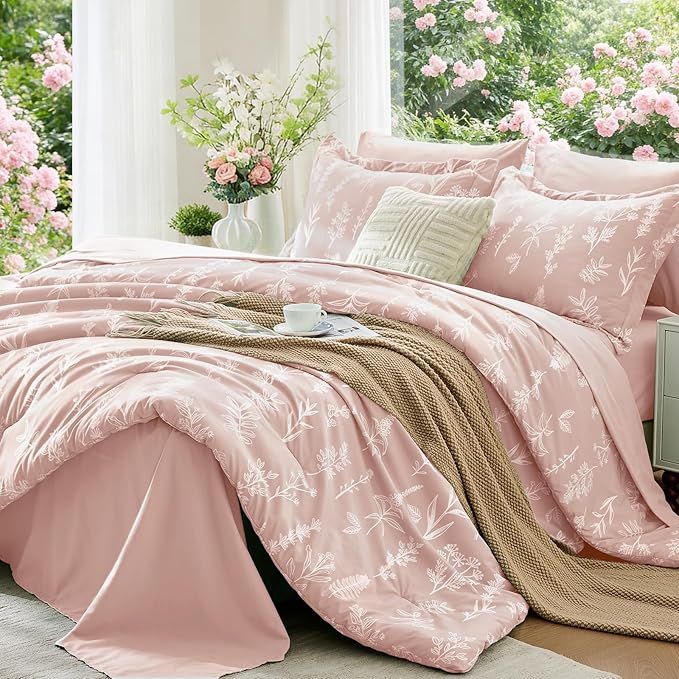 MUXHOMO Cameo Pink Bed in a Bag Queen 7 Pieces, Queen Comforter Set Reversible Botanical Flowers Design, Ultra Soft & Breathable Bedding Sets with Comforter, Sheets, Pillowcases & Shams