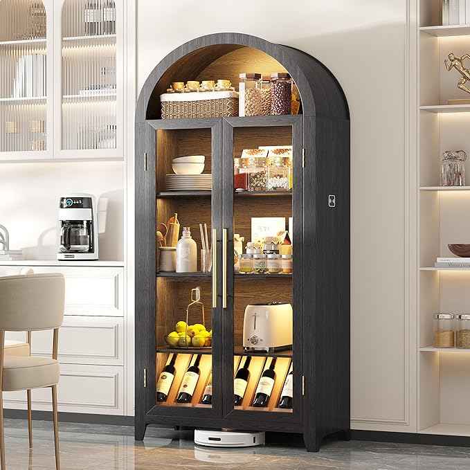 Vlsrka 71" Arched Storage Cabinet with Doors, Display Cabinet with LED Light & Human Sensor, 5-Tier Display Cases for Collectibles, Curio Cabinet with Ajustable Shelf for Living Room, Black