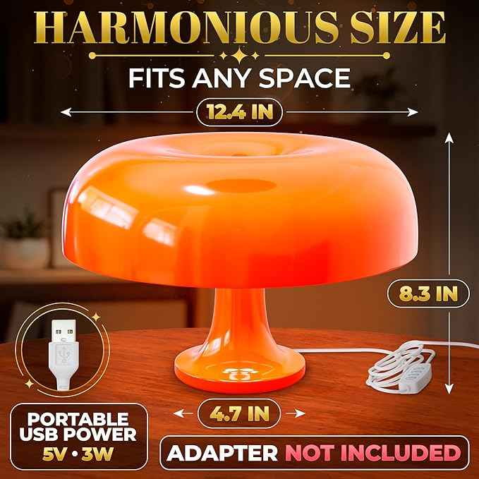Orange Mushroom Lamp for Bedroom – Aesthetic Vintage Mushroom Lamps with 3 Lighting Colors & 10 Brightness – USB Powered Nightstand Retro Lamp for Reading Room, Office, Dorm | ABS + PVC Build