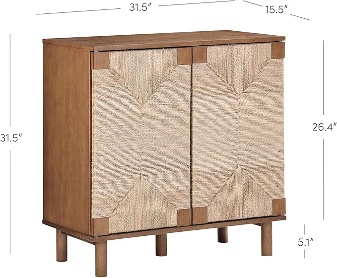 Nathan James Beacon Boho Accent Cabinet with Doors, Free Standing Kitchen Cabinet Storage with Adjustable Interior Shelf and Seagrass Accent, Dark Brown