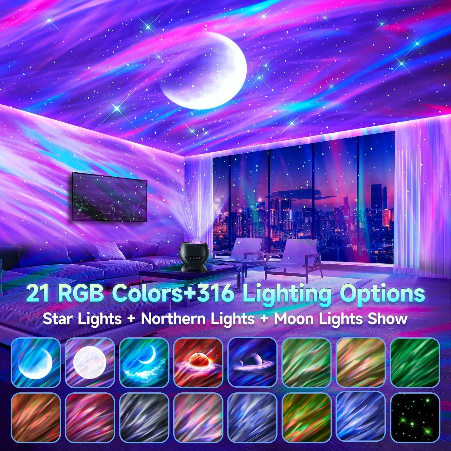 One Fire Northern Lights, 21Colors Galaxy Projector for Bedroom, 15White Noise&Bluetooth Star Projector Galaxy Lights, Remote Ceiling Projector,Aurora Light Projector Room Decor,Gifts for Kids,Adults