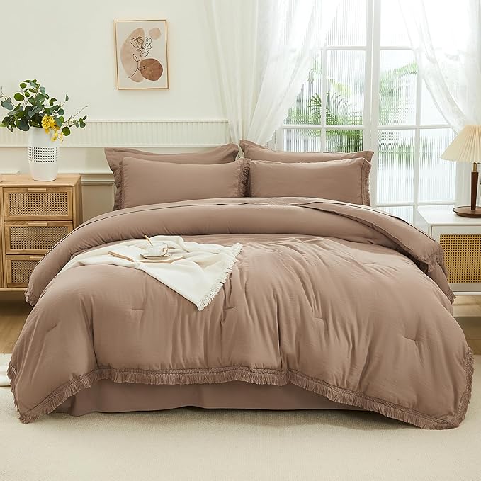 Andency Taupe Queen Size Comforter Set with Sheets - 7 Pieces Boho Tassel Bed in a Bag Soft Lightweight Bedding Sets, Taupe Fringe Bed Set with Comforter, Sheets, Pillowcases & Shams
