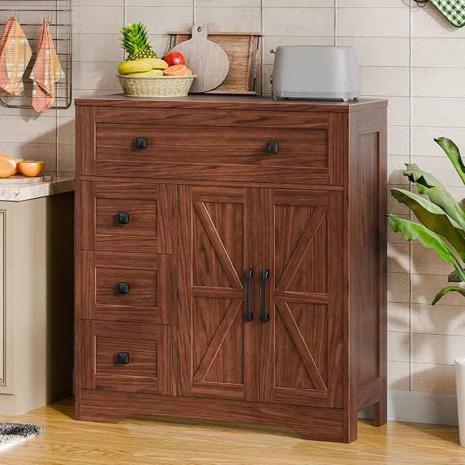 Vabches Farmhouse Storage Cabinet with 2 Doors and 4 Drawers, Freestanding Bathroom Storage Cabinet Kitchen Pantry, Floor Hutch Cupboard for Living Room/Bathroom/Kitchen,Walnut