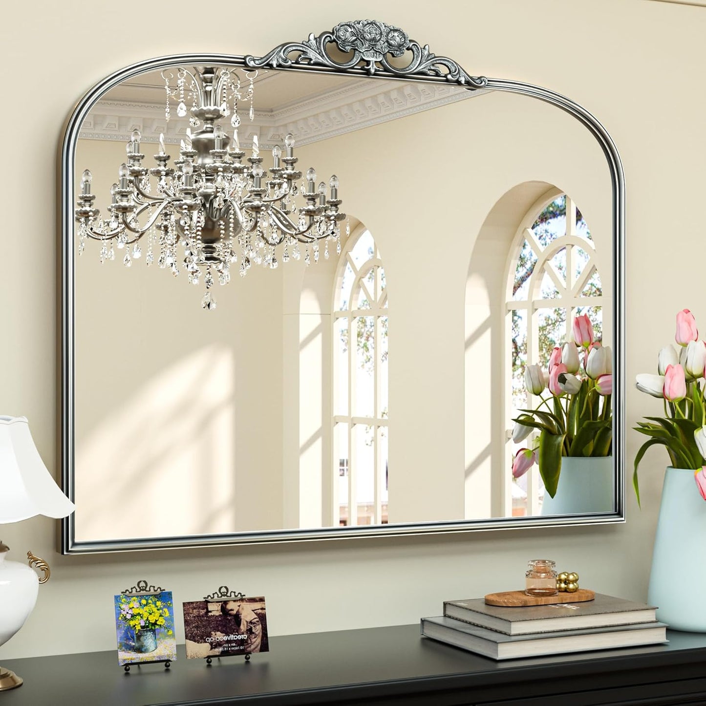Keonjinn Vintage Mirror for Wall, 40" x 30" Silver Mirror with Metal Frame, Ornate Arched Decoration, Brass Mirror for Mantle, Living Room, French Cleat Mounting