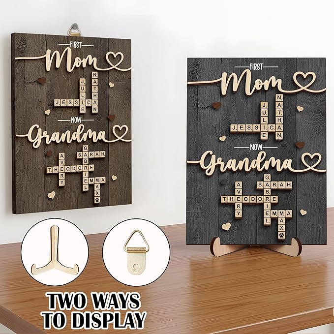 Personalized Family Scrabble Name Sign, Mom Gifts for Mothers Day from Son Daughter, Custom Crossword Tiles Letter Plaque, Birthday Gift for Nana, Grandma, Mimi, First Mom Now Grandma Keepsake