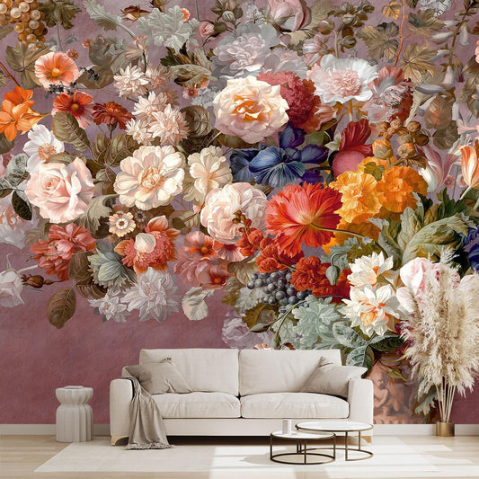 Colorful Floral Leaf Bathroom wallpeper Living Room Bedroom Pink Flower Wall Mural - 160"x108" (Not Peel and Stick)