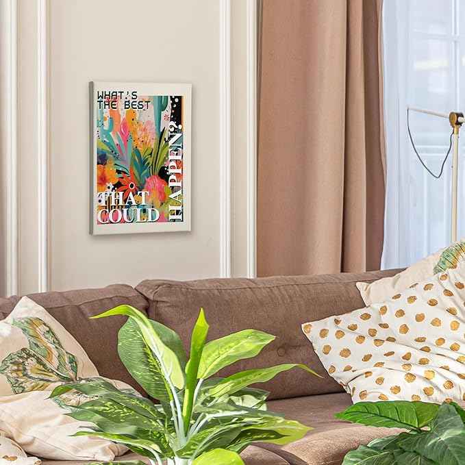 HIWX What's the Best That Could Happen Maximalist Floral Framed Canvas Painting Wall Art Decor, Funky Eclectic Botanical Inspirational Wall Art Home Decoration for Home Bedroom Room, 11x14