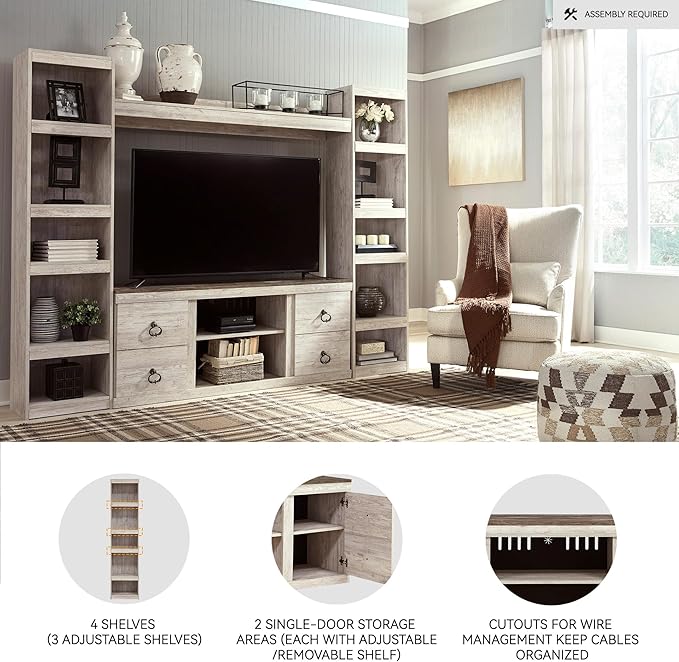 Signature Design by Ashley Willowton Farmhouse 4-Piece Entertainment Center for TVs up to 69" with Adjustable Shelves, Whitewash