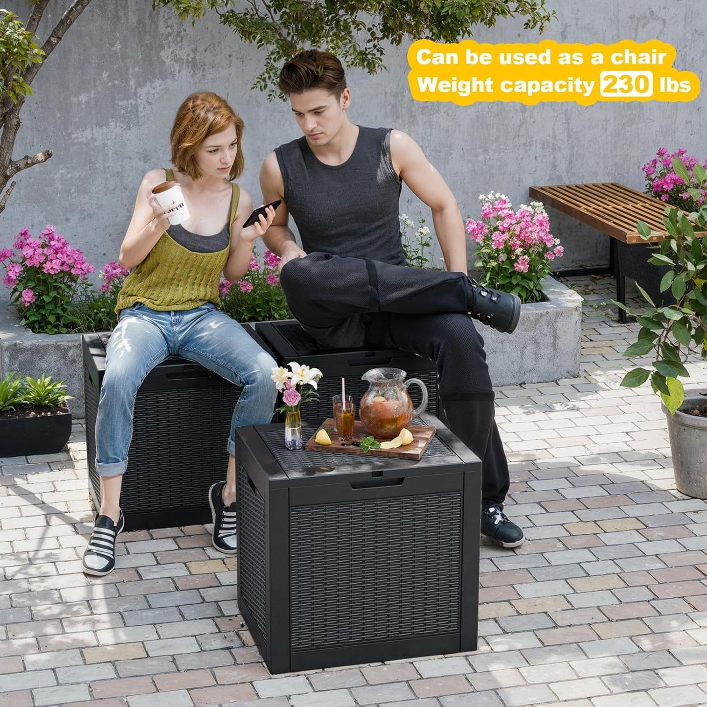 30 Gallon Wicker Pattern Resin Deck Box, Lockable Patio Outdoor Storage Box for Furniture, Garden Tools and Tools Storage, Waterproof Outside Storage Box - Black Rattan