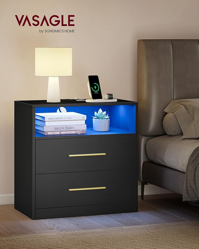 VASAGLE Custos Collection - Set of 2 Nightstands with Charging Station, LED Lights, Modern Night Stands, Side End Tables with Drawers, Open Shelf, 2 AC Outlets USB Ports, Ink Black ULET639BC01S-2J