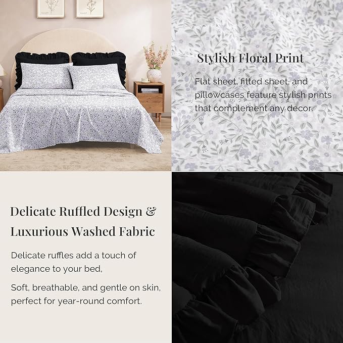 King Comforter Set - 7 Pieces Ruffle Black Bedding Sets, Shabby Chic Farmhouse Bed in a Bag King with Ruffle Comforter, Floral Sheets, Pillowcases & Shams