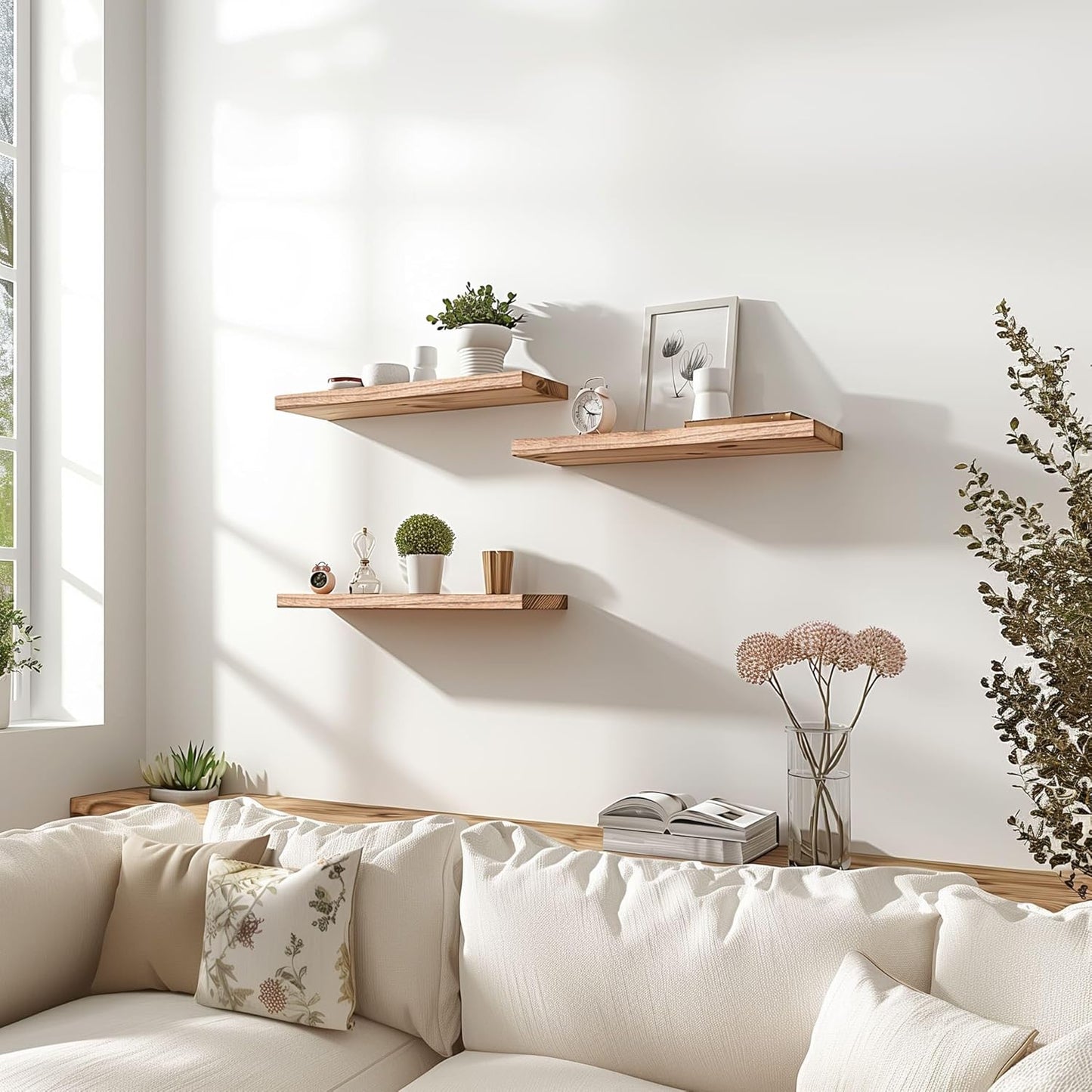 Wood Floating Shelves for Wall Decor, Rustic Wall Shelves for Bedroom Bathroom Kitchen Living Room, Set of 6 Light Walnut - Décor Diaries