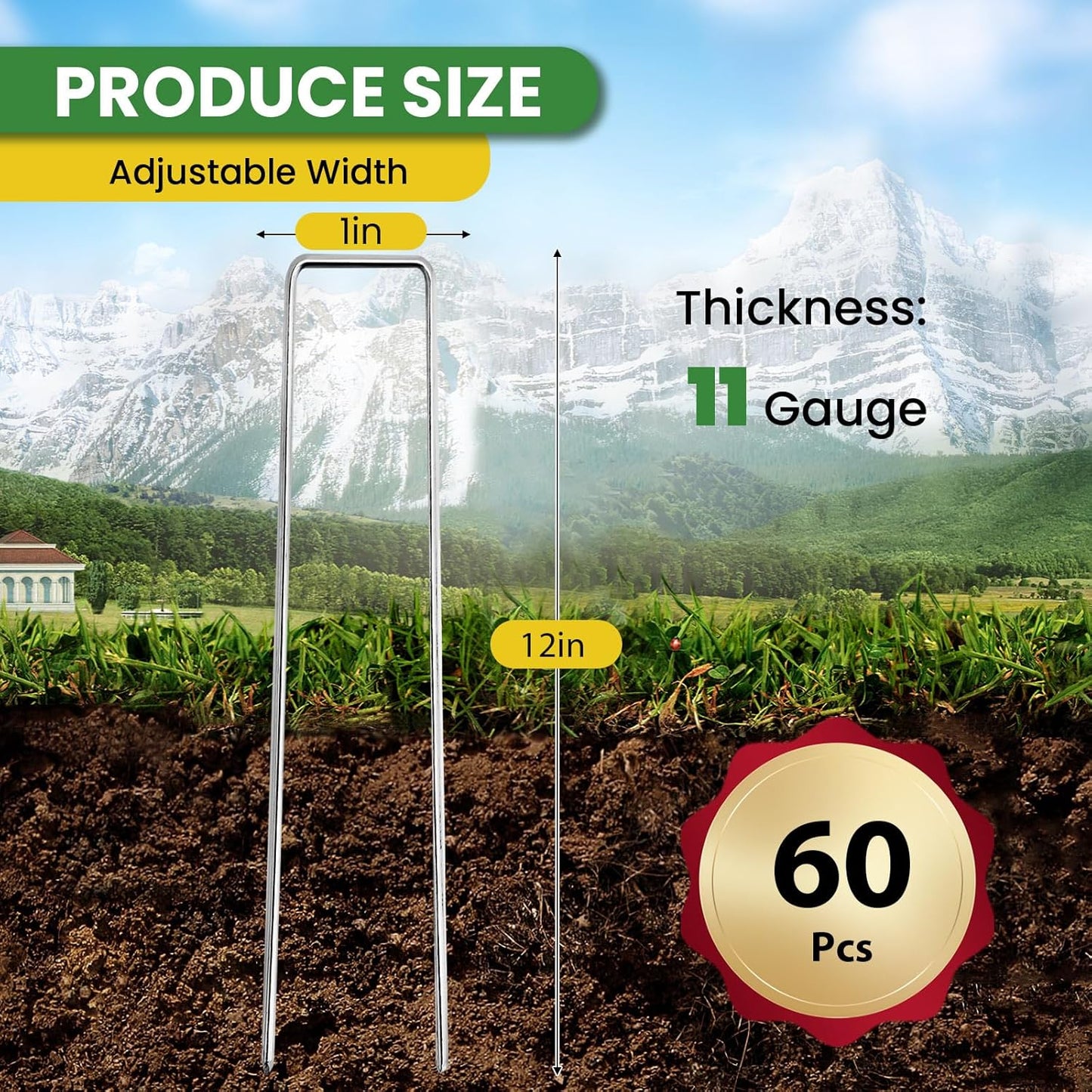 Landscape Staples 12 Inch 60 Pack, Garden Stakes Galvanized Garden Staples 11 Gauge, Plant Cover Stakes for Lawn Weed Barrier