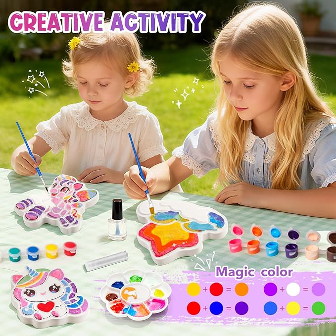 Unicorn Stepping Stones Painting Kits For Kids, Toddler Outdoor Arts And Crafts Garden Decoration Supplies, Paint Craft Kits For Kids Ages 4 5 6 7 8 9 10 + Year Old Boys Girls Birthday Easter Gifts