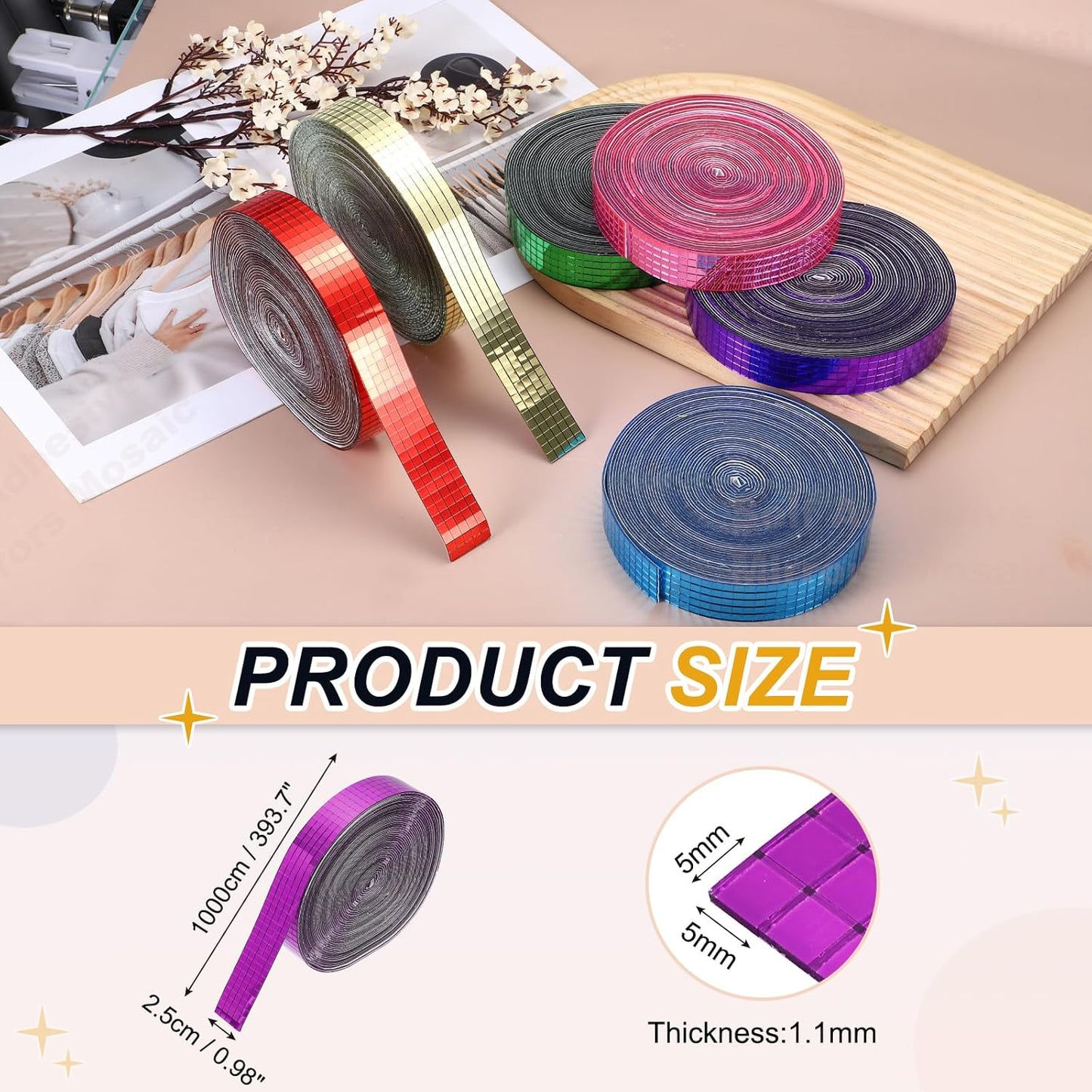 PATIKIL 5x5mm Self Adhesive Mirrors Mosaic Tiles, 10000 Pcs Square Mini Glass Mosaic Disco Tile Sticker for DIY Craft Disco Ball Party Decoration, Rose Red