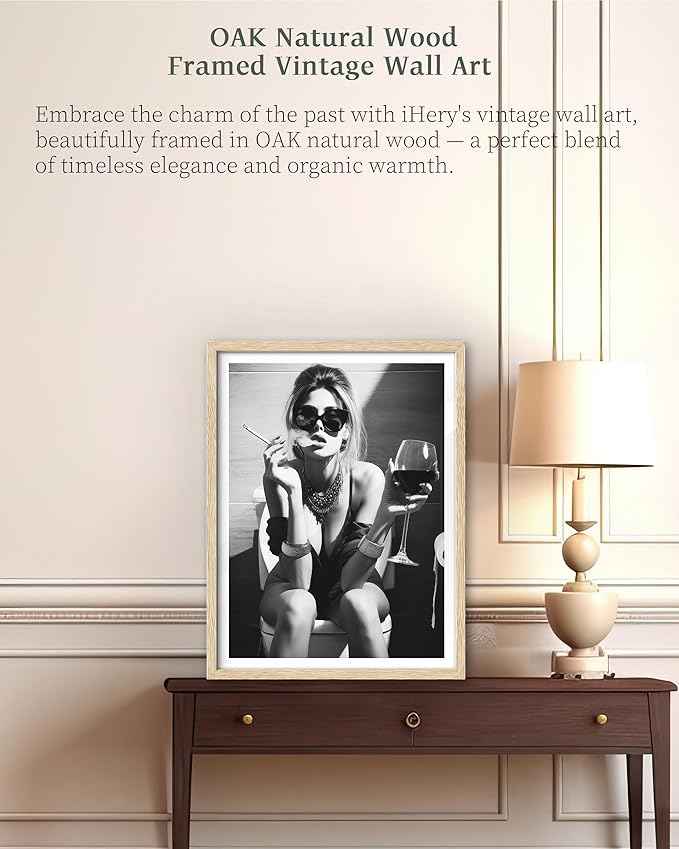 iHery Natural OAK Wood Framed Girl On Toilet Wall Art, 12x16in Canvas Woman On Toilet Smoking and Drinking Wine, Black and White Print, Funny Bathroom Art, Retro Wall Decor Set of 1