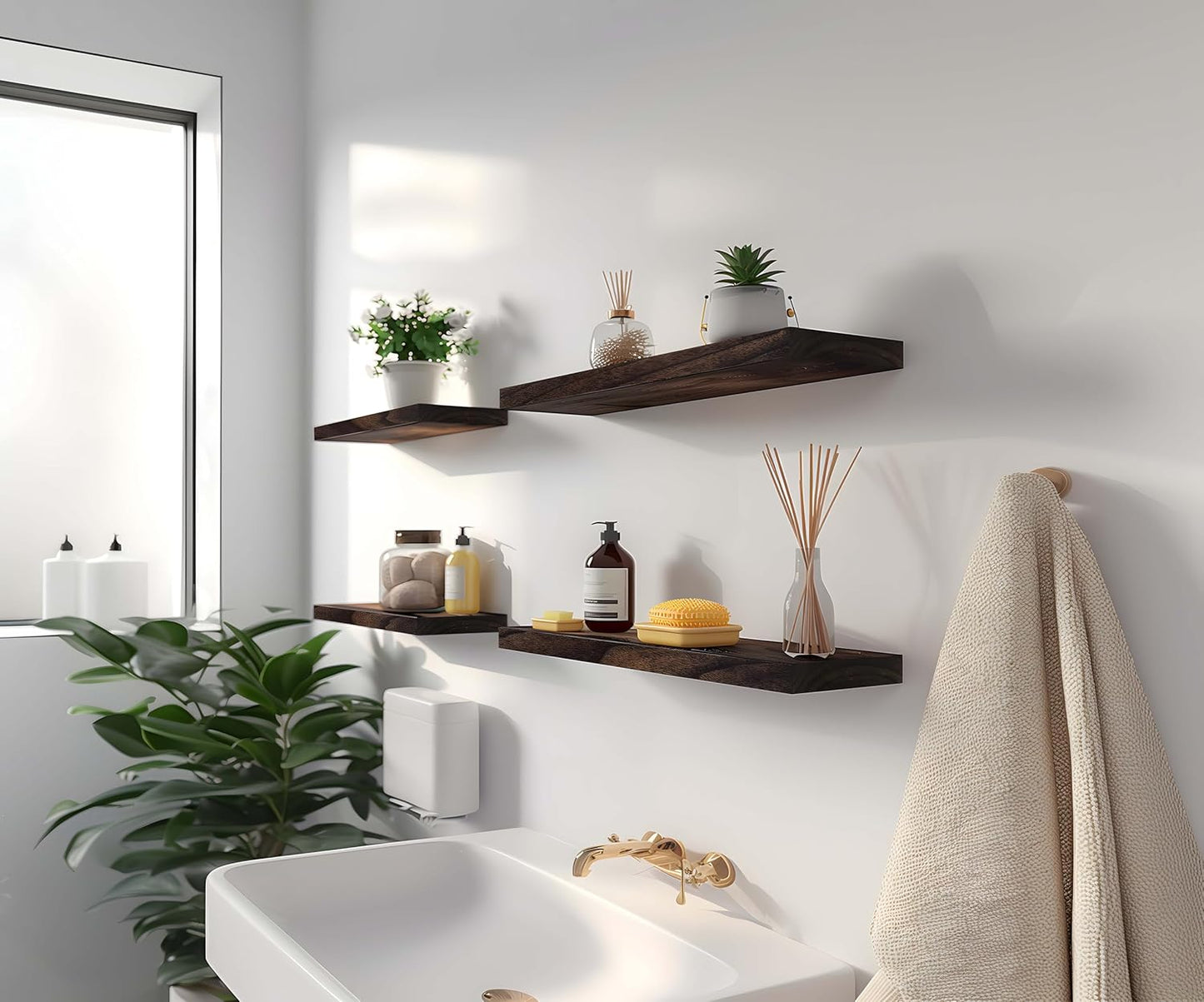 Wood Floating Shelves for Wall Decor, Rustic Wall Shelves for Bedroom Bathroom Kitchen Living Room, Set of 6 Walnut - Décor Diaries