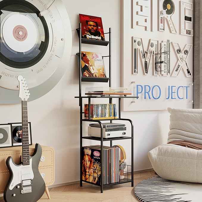 Record Player Stand with Vinyl Storage - 6-Tier Turntable Table with Adjustable Feet, Metal & Wood Cabinet - Console Organizer Display Shelf for Living Room, Apartment
