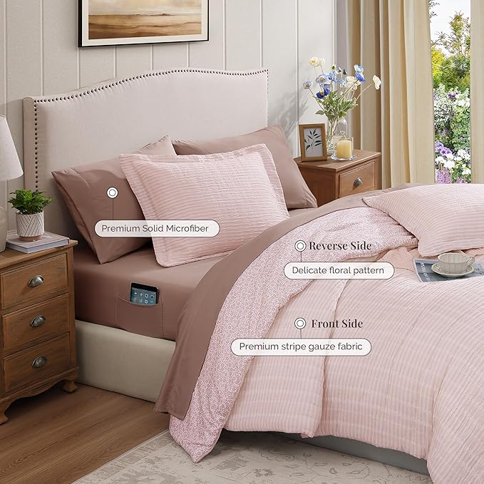 Full Comforter Set - 7 Pieces Pink Gauze Muslin Bedding Sets for All Seasons, Lightweight Breathable Bed in a Bag Full with Revesible Farmhouse Comforter, Sheets, Pillowcases & Sham