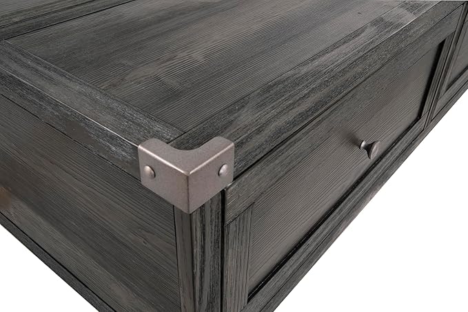 Signature Design by Ashley Todoe Industrial Spring-Lift Top Coffee Table, 2 Storage Drawers, Metal Legs, Wood, 54.38" W x 28.5" D x 18.25" H, Dark Gray & Weathered Pine Finish