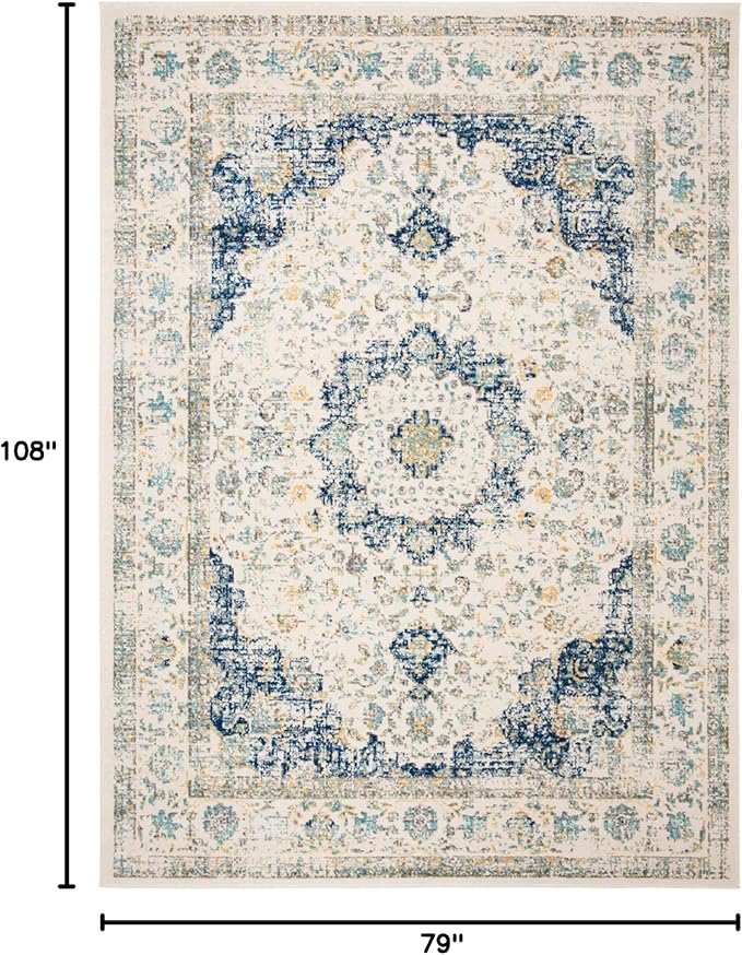 SAFAVIEH Evoke Collection Area Rug - 6'7" x 9', Ivory & Blue, Shabby Chic Oriental Medallion Design, Non-Shedding & Easy to Clean, Ideal for Living Room, Bedroom, Dining Space (EVK220C)