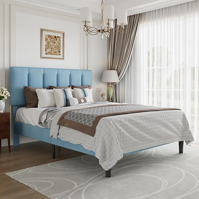 VECELO Queen Size Bed Frame with Upholstered Headboard, Heavy-Duty Bedframe with Wooden Slats & Steel Framework, Easy Assembly, Light Blue
