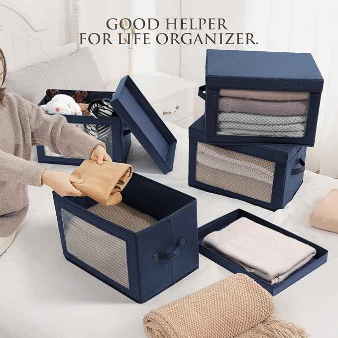Stackable Storage Bins with Lids - Medium Storage Box with Lids, Foldable Closet Boxes for Organizing, Wardrobe Clothes Organizer with Window, Cubes Bins for Living Room, 5 Pack, Navy Blue