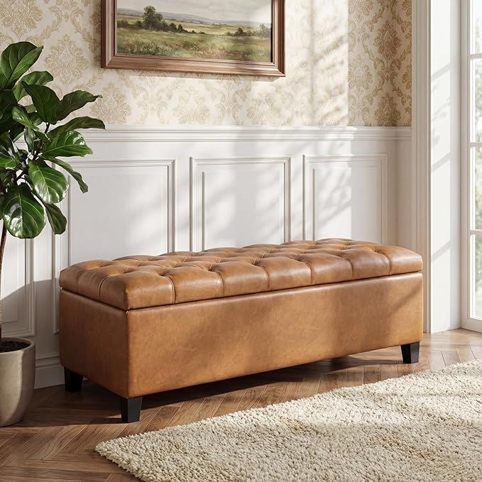 Christopher Knight Home Ottilie Faux Leather Storage Ottoman Bench, Wooden Rectangular Ottoman with Storage, Bedroom End of Bed Foot Stool, Entryway Ottoman Footrest, Living Room Extra Seat, Brown
