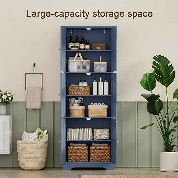 ChooChoo Tall Bathroom Storage Cabinet with 6 Doors, Freestanding Floor Cabinet with Adjustable Shelves, Blue Pantry Cabinet for Bathroom, Kitchen, Laundry Room