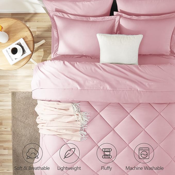 CozyLux Oversized Queen Comforter Set Pink, 7 Pieces Bed in a Bag Comforter Set with Sheets Luxury Bed Set All Seasons, Bedding Set with Down Alternative Comforter, Sheets, Pillowcases & Shams