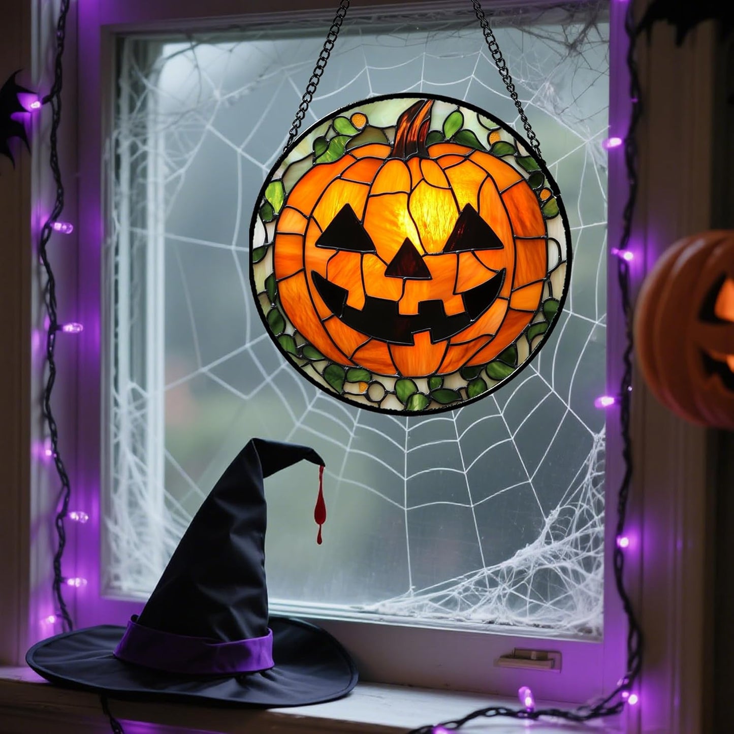 Stained Glass Window Hanging, Halloween Decorations Evil Pumpkin Suncatcher for Doors Garden Indoor Spooky Funny Orange Sun Catchers Gothic Decor Horror Gifts for Women Men Friend 9.8 in