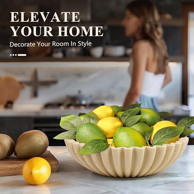 Large Decorative Bowl, Modern Handicraft Bowls for Home Decor, Decorative Fruit Bowl for Kitchen Counter, Ruffle Decor, Stylish Key Bowl for Entry Table, Artificial Travertine Beige