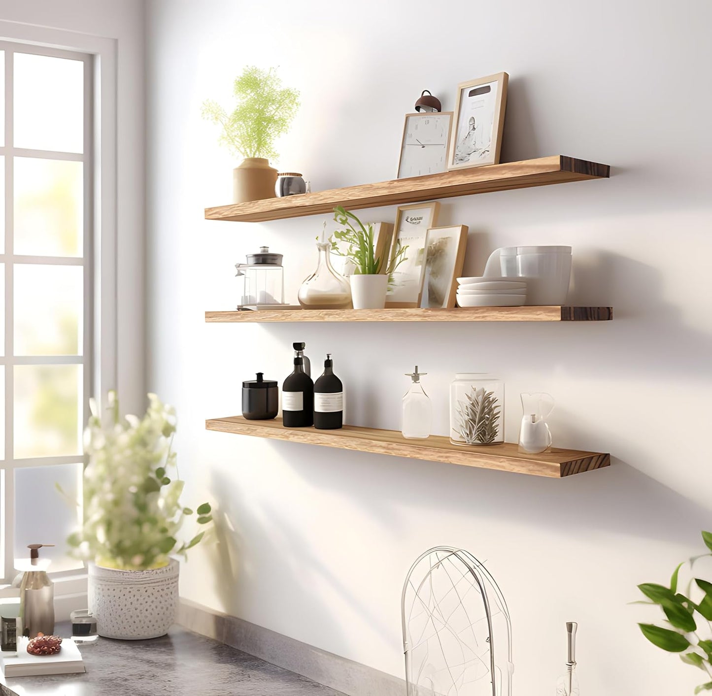 Wood Floating Shelves for Wall Decor, Rustic Wall Shelves for Bedroom Bathroom Kitchen Living Room, Set of 4 Light Walnut 48 Inch - Décor Diaries