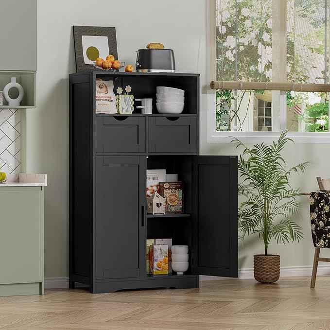 Iwell Storage Cabinet with Doors & Shelves, Kitchen Pantry Cabinet, Bathroom Cabinets for Living Room, Kitchen, Laundry, Black