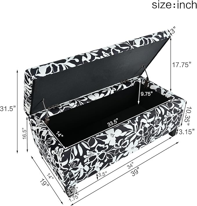 Christopher Knight Home Nesbit Living Room Ottoman with Storage, Entryway Fabric Upholstered Storage Ottoman Bench, Rectangular Sofa Foot Stool, Bedroom End of Bed Bench, Shoe Organizer, Black+White