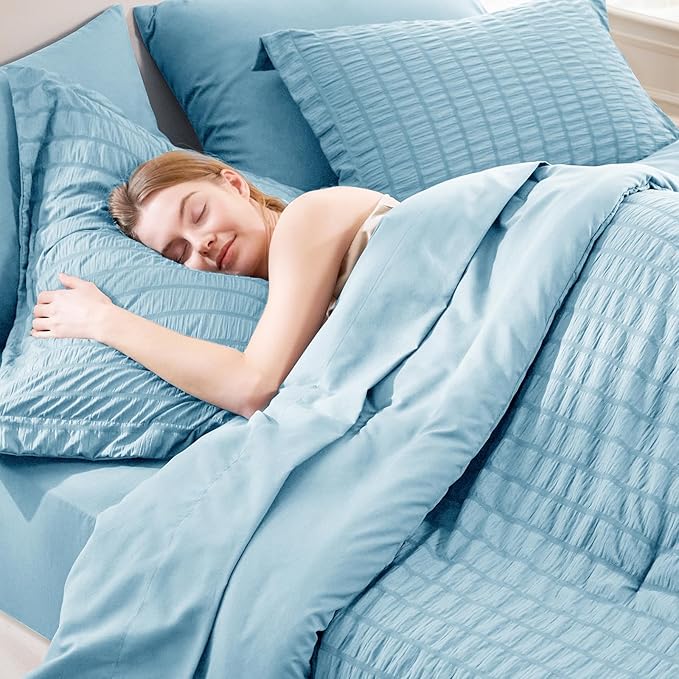 CozyLux King Size Comforter Set Sky Blue Seersucker 7 Pieces Bed in a Bag King Comforter Set with Sheets, Luxury Bedding Set with Down Alternative Comforter, Sheets, Pillowcases & Shams All Seasons