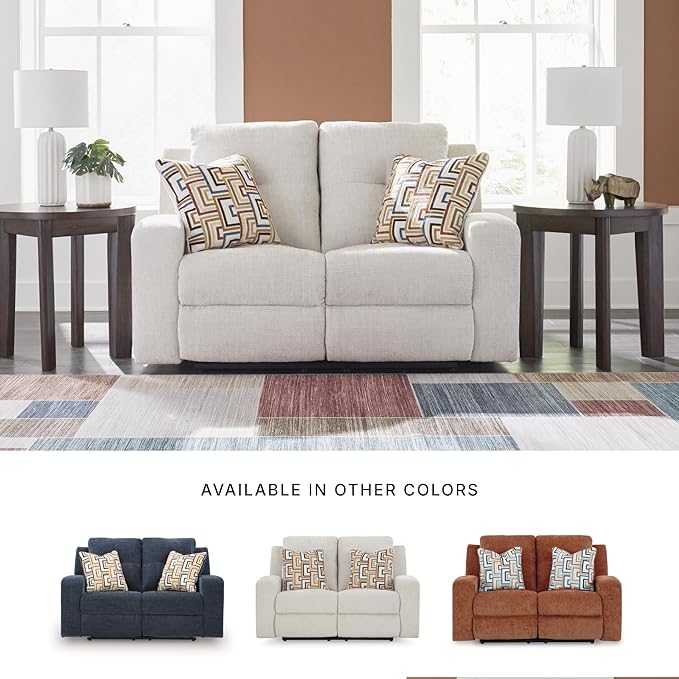 Signature Design by Ashley Danum Modern Tufted Manual Reclining Loveseat with 2 Accent Pillows, Beige
