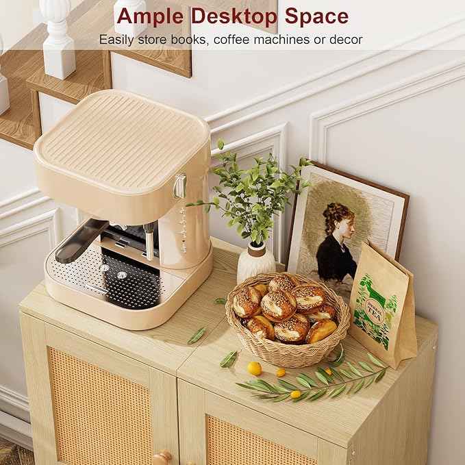Sideboard Buffet Kitchen Storage Cabinet , Small Coffee Bar Cabinet with Rattan Doors and Tall Solid Wood Legs, Boho Accent Media Console Credenza Cabinet for Entryway,Living Room,Kitchen, Small Space