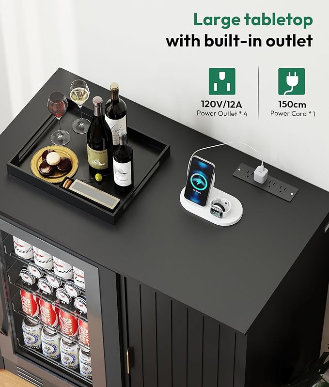 Coffee Bar with Mini Fridge Space - Snack Bar Cabinet with Power Outlet, Fluted Mini Fridge Cabinet with Adjustable Shelf for Kitchen Dining Room Living Room, Black