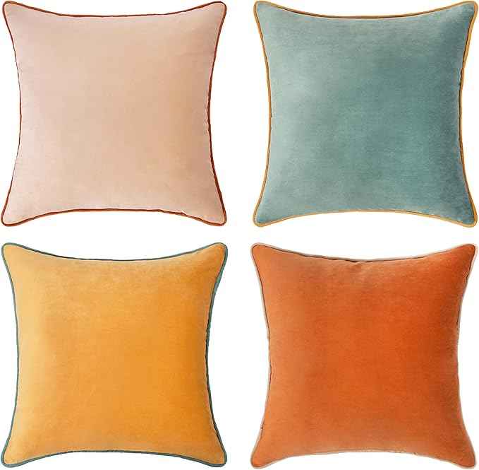 MONDAY MOOSE Decorative Throw Pillow Covers Cushion Cases, Set of 4 Soft Velvet Modern Double-Sided Designs, Mix and Match for Home Decor, Pillow Inserts Not Included (20x20 inch, Orange/Teal)
