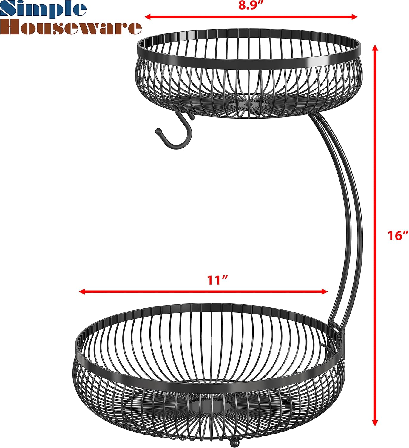 Simple Houseware 2-Tier Countertop Fruit Basket with Banana Hanger, Black