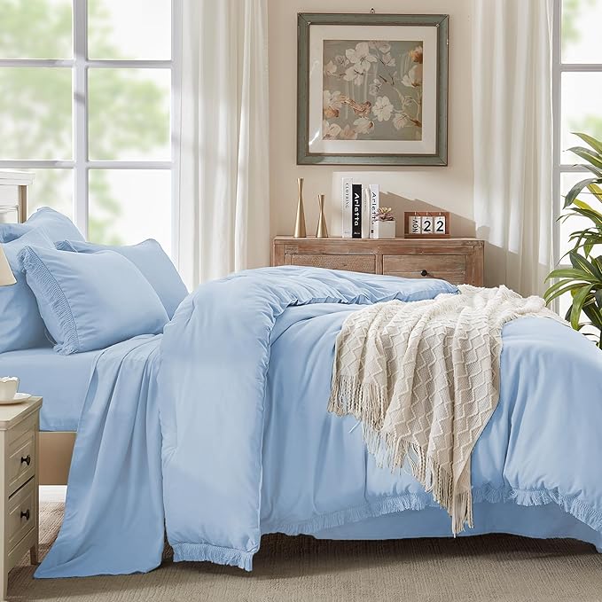 Andency Full Size Comforter Set Light Blue -7 Pieces Boho Tassel Bed in a Bag Soft Lightweight Bedding Sets, Fringe All Season Bed Set with Comforter, Sheets, Pillowcases & Shams