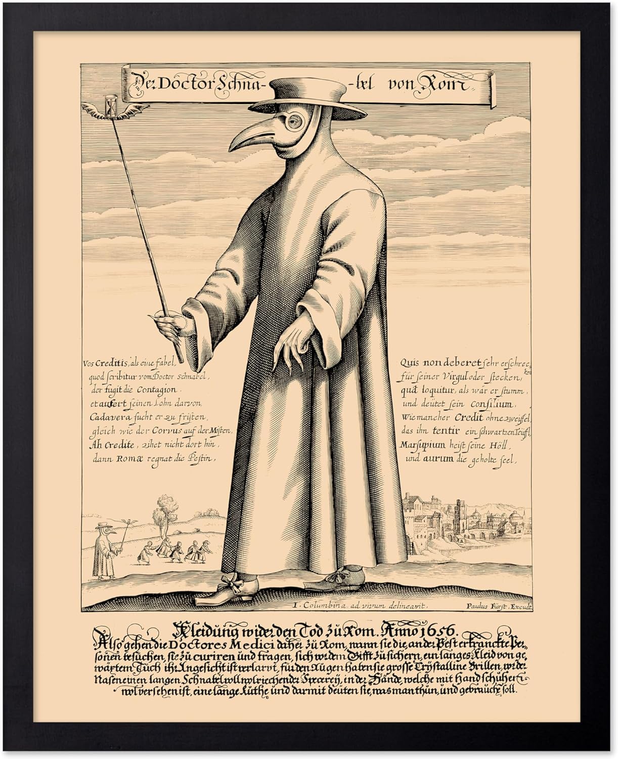 Poster Master Vintage Medieval Poster - Retro Illustration Print - Gift for Friend - Plague Doctor, Pandemic Mask, Physician, Black Death - Wall Decor for Home, Living Room, 16x20 Black Framed