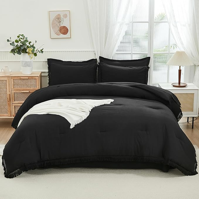 Andency Black Full Size Comforter Set with Sheets - 7 Pieces Boho Tassel Bed in a Bag Soft Lightweight Bedding Sets, Black Fringe Bed Set with Comforter, Sheets, Pillowcases & Shams