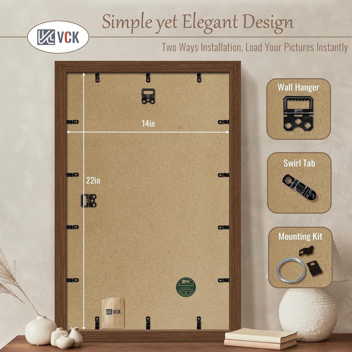 VCK 14x22 Frame Set of 3 - Brown, Wood Picture Frame with Exclusive Wood Grain, Wall Gallery Frame