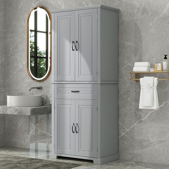 72.2" Storage Cabinet with Doors and Drawers, Tall and Wide Kicthen Pantry Cupboard Home Display Organizer with Door Shelf Rack for Bathroom, Adjustable Shelf, Gray