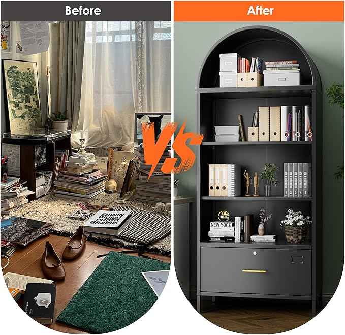 Tall Black Arched Bookcase, Metal Arched Bookshelf with 2 File Drawers and Locking Glass Doors,Assemble Required